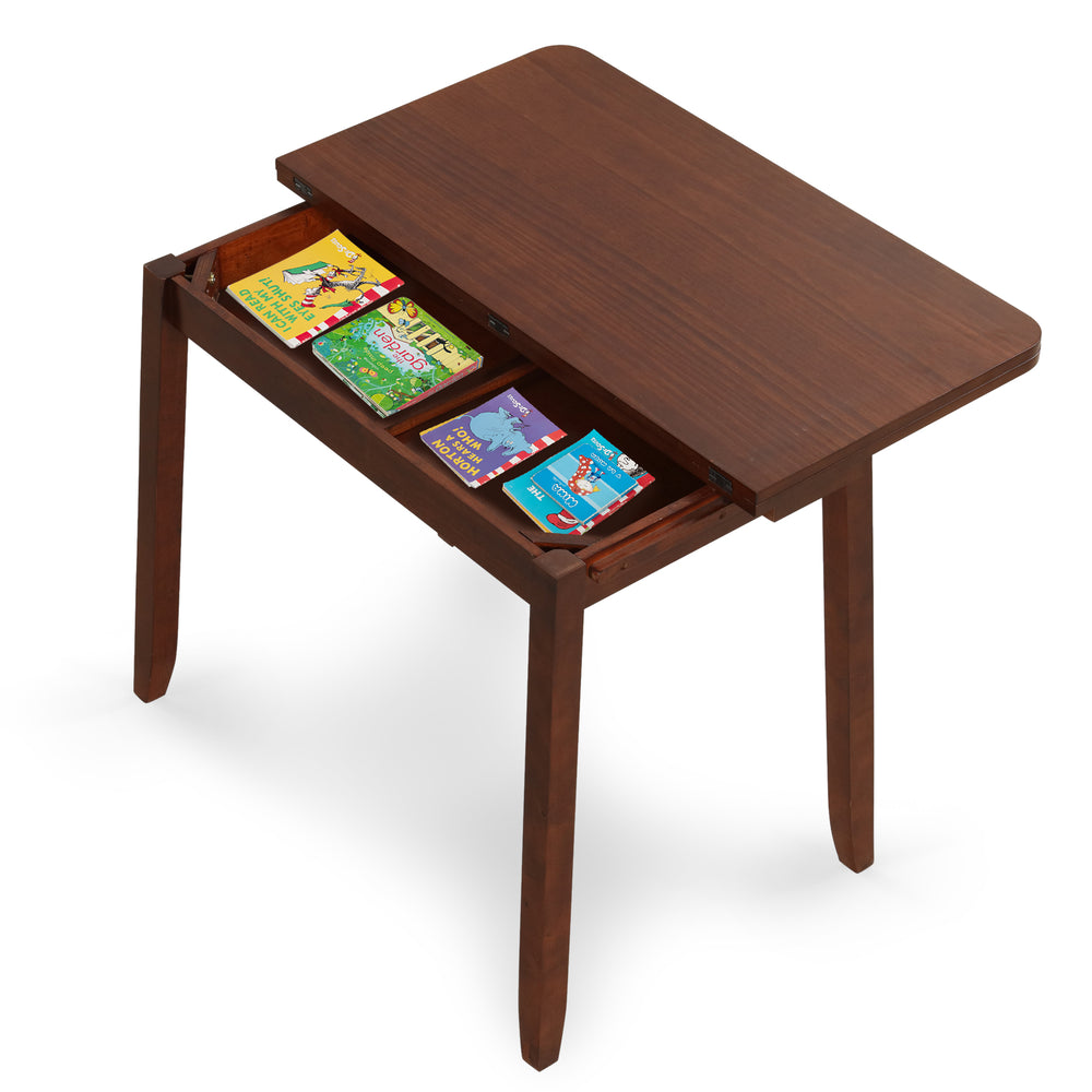 Mid Century folding dining table in cherry finish with hidden storage, suitable for 4 people, showcasing books inside.