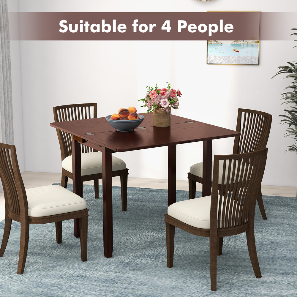 Mid Century folding dining table in cherry finish, suitable for 4 people, featuring hidden storage and solid wood.