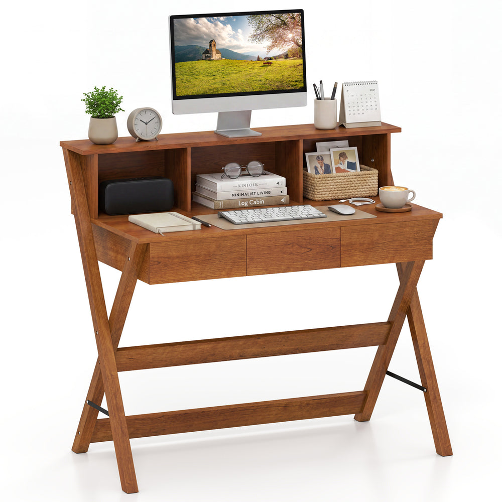 Mid Century Home Office Desk in oak features 3 storage drawers and a monitor stand, ideal for compact spaces.