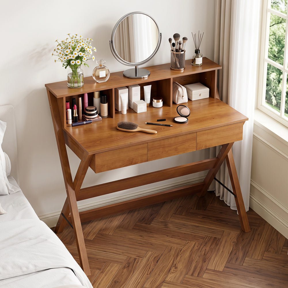 Mid Century Home Office Desk in oak features three storage drawers and a monitor stand for ergonomic use in small spaces.