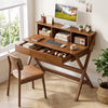 Mid Century Home Office Desk in oak features 3 storage drawers and a monitor stand for ergonomic workspace organization.