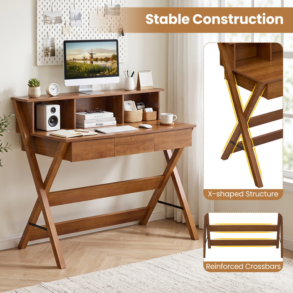 Mid Century Home Office Desk in oak features 3 storage drawers, a monitor stand, and a stable X-shaped structure.