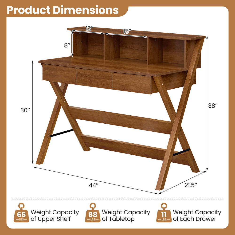 Mid Century Home Office Desk in oak features 3 storage drawers and a monitor stand for ergonomic computer use.