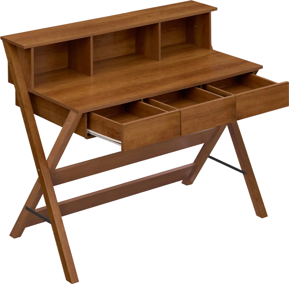 Mid Century Home Office Desk in oak features 3 storage drawers and a monitor stand, perfect for compact spaces.