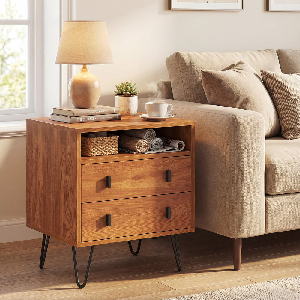 Mid Century Modern 2-drawer nightstand in walnut with open compartment and stylish hairpin legs for chic storage.