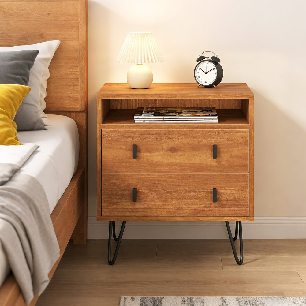 Mid Century Modern 2-drawer nightstand in walnut with open compartment and stylish hairpin legs for bedroom storage.