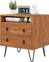 Mid Century Modern nightstand featuring two spacious drawers, sleek hairpin legs, and a retro wood grain finish.