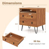 Mid Century Modern 2-drawer nightstand in walnut with open compartment, stylish hairpin legs, and elegant wood grain.