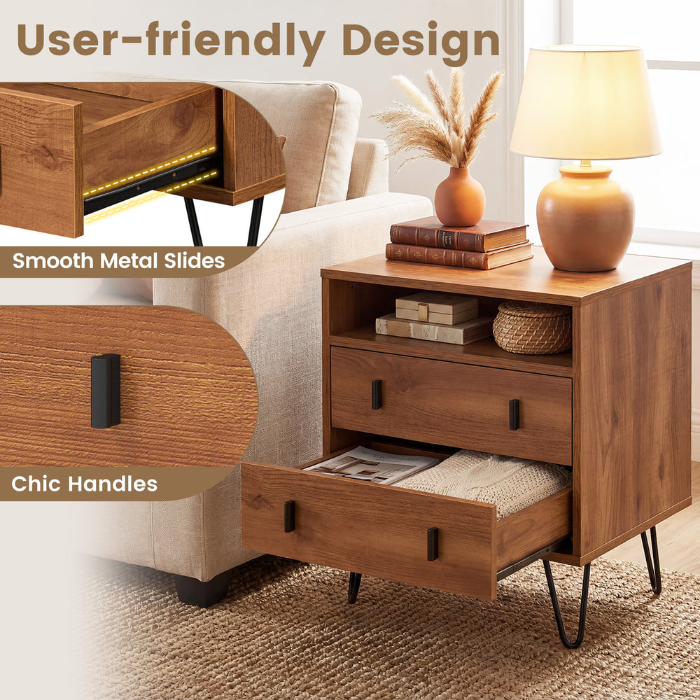 Mid Century Modern 2-drawer nightstand in walnut with chic handles, smooth metal slides, and open storage compartment.