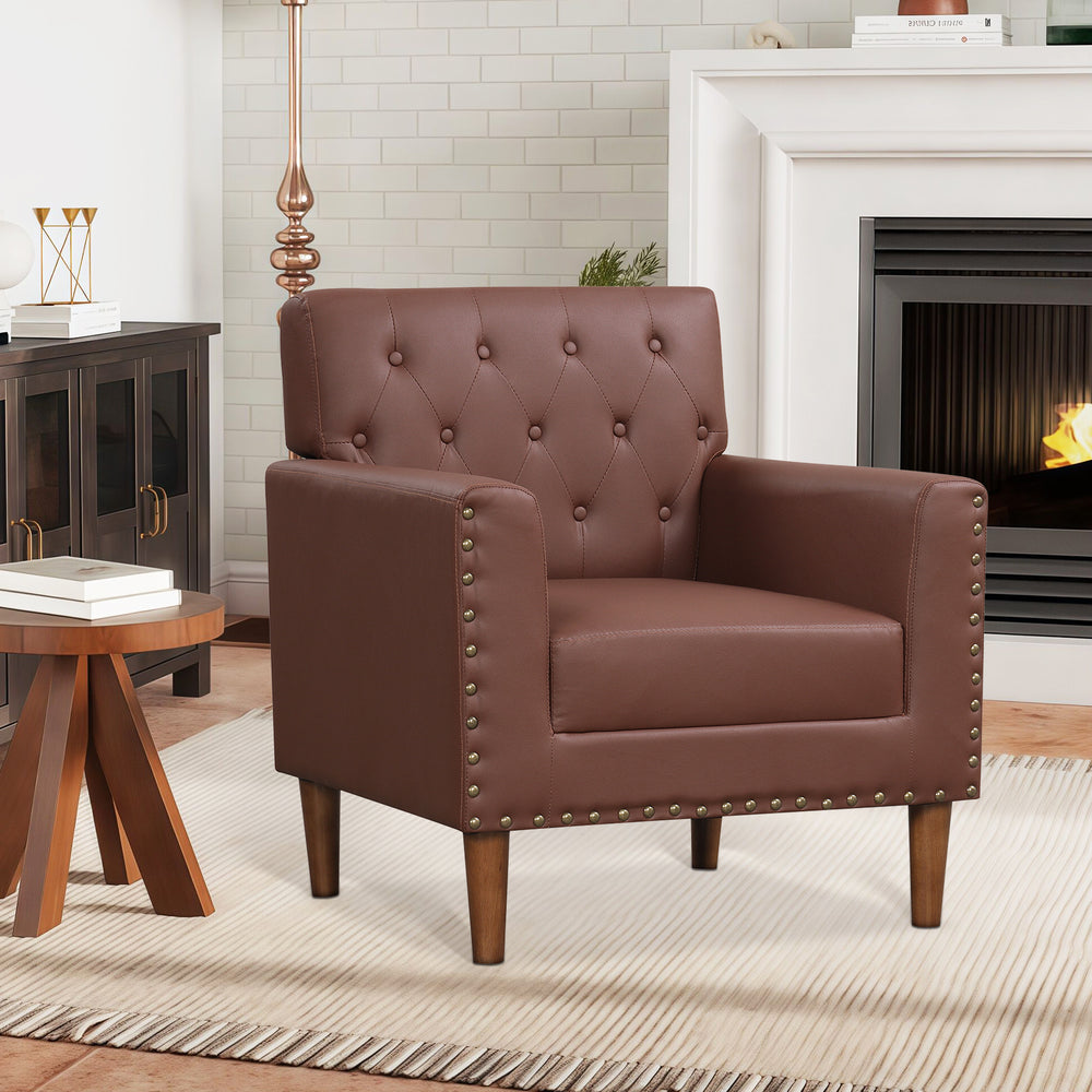 Mid Century Modern Accent Chair with Button Tufted Decoration and Rivets-Brown - Gallery View 1 of 9