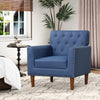 Blue Mid Century Modern accent chair with button tufted design and rivets, perfect for living rooms and home offices.