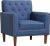 Mid Century Modern accent chair in blue with button tufted design, rivets, and rubber wood legs for stylish comfort.
