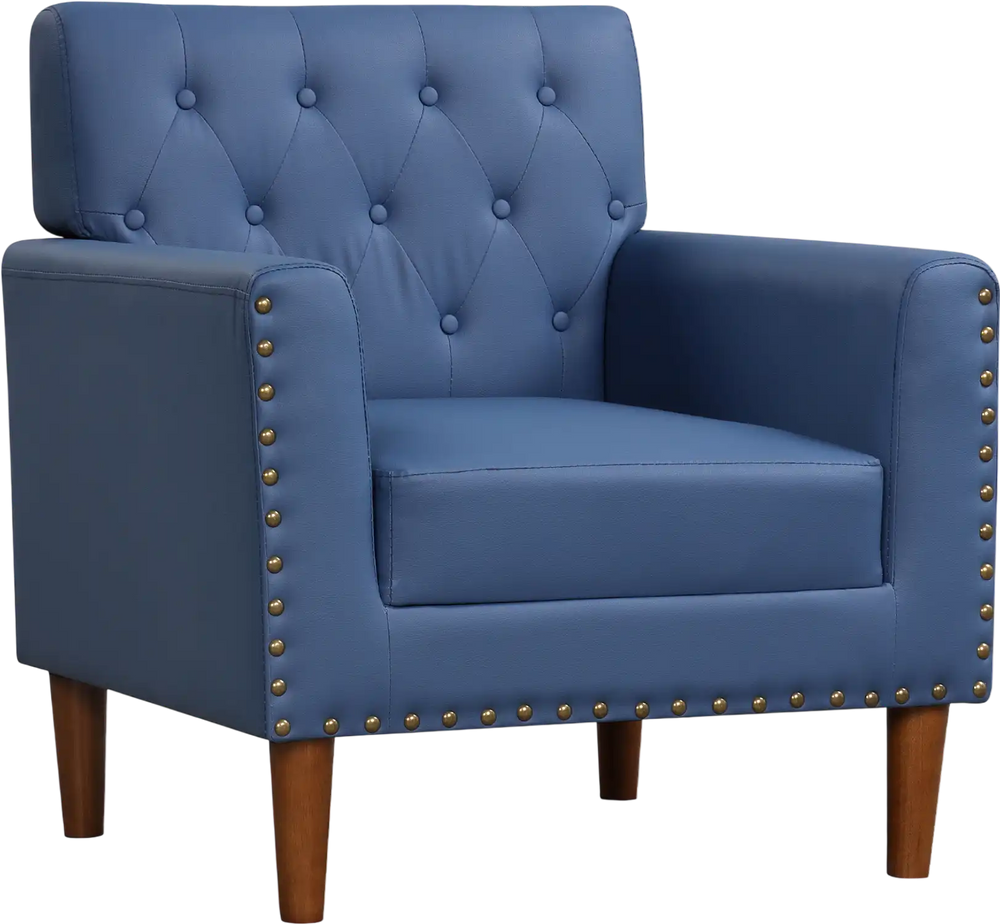 Mid Century Modern accent chair in blue with button tufted design, rivets, and rubber wood legs for stylish comfort.