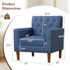 Mid Century Modern accent chair in blue with button tufting, rivets, and rubber wood legs, ideal for living rooms.