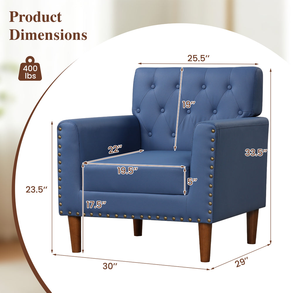 Mid Century Modern accent chair in blue with button tufting, rivets, and rubber wood legs, ideal for living rooms.