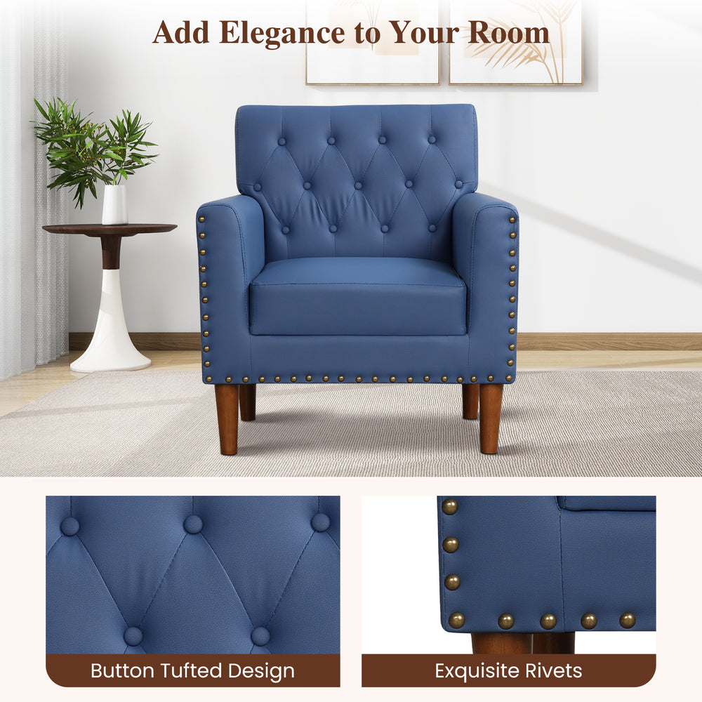 Mid Century Modern accent chair in blue with button tufted design and rivets, perfect for living rooms and home offices.