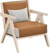 Mid-century modern accent chair with brown artificial leather and rubber wood frame, featuring a removable cushion and.