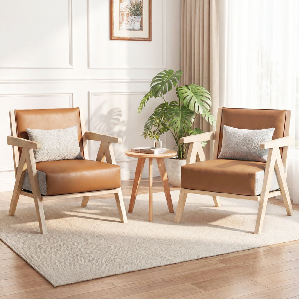 Mid-century modern accent chairs in brown artificial leather with rubber wood frame, perfect for living room or office.