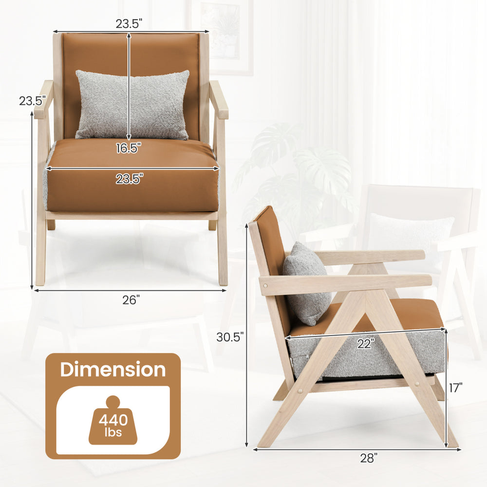 Mid-century modern accent chair in brown artificial leather with rubber wood frame, ergonomic backrest, and throw.
