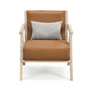 Mid-century modern accent chair in brown artificial leather with rubber wood frame and a throw pillow for added comfort.