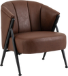 Curved backrest mid-century modern accent chair in brown with wide seat and sturdy metal frame for versatile placement.
