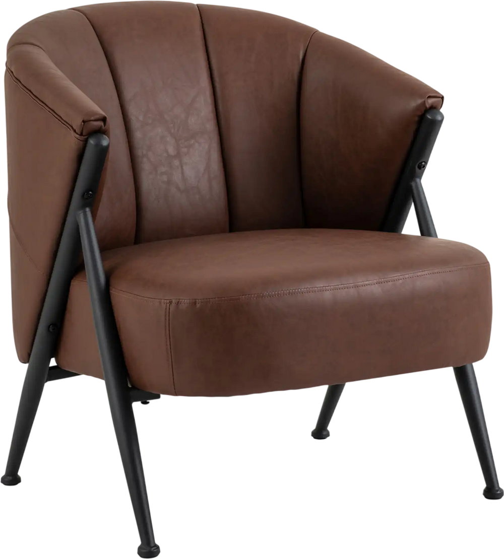 Curved backrest mid-century modern accent chair in brown with wide seat and sturdy metal frame for versatile placement.