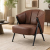 Brown Mid Century Modern accent chair with curved backrest, wide seat, and stable metal frame for versatile placement.