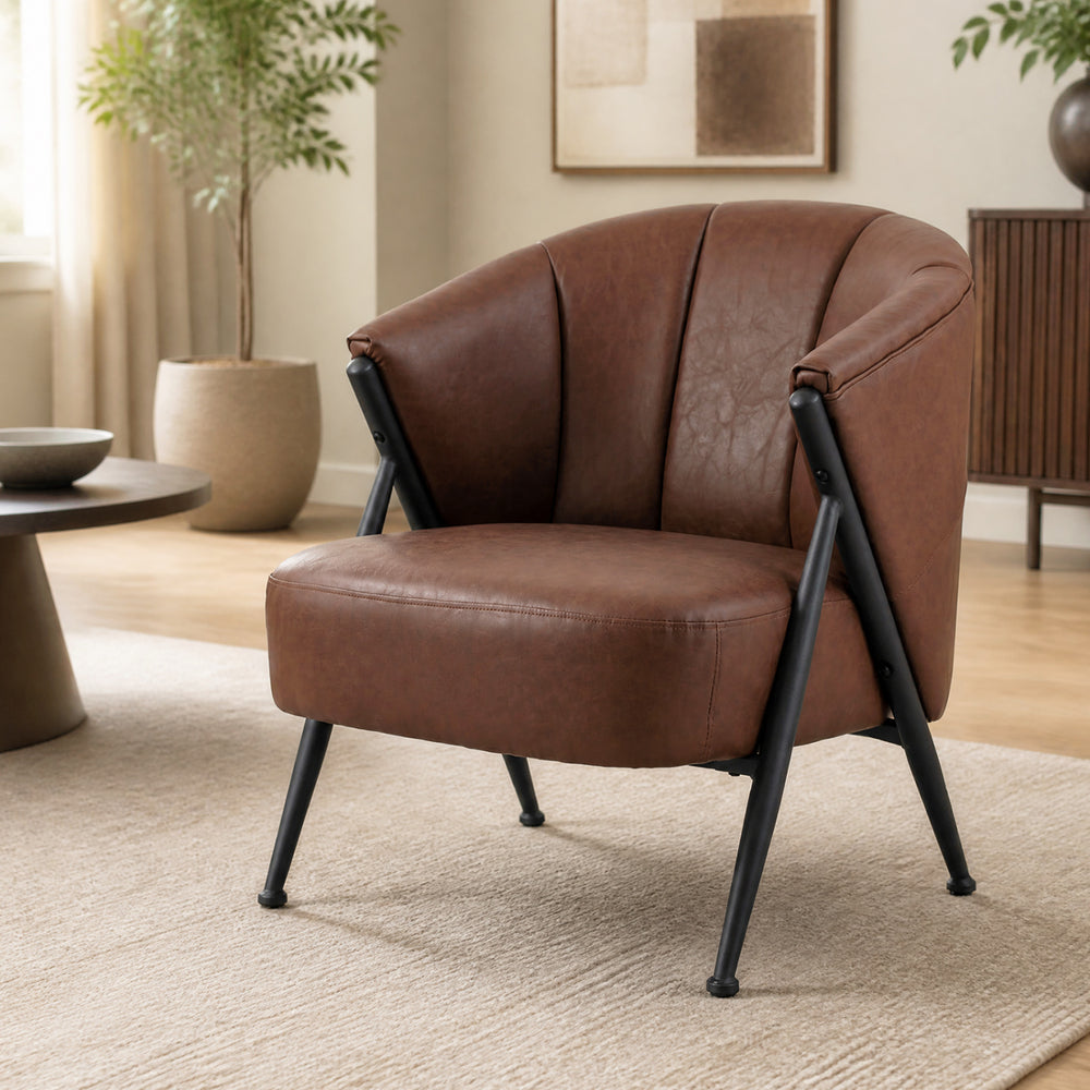 Brown Mid Century Modern accent chair with curved backrest, wide seat, and stable metal frame for versatile placement.