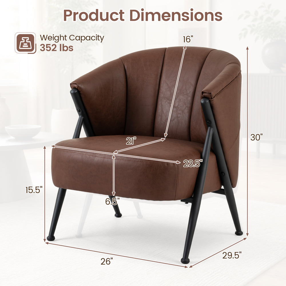 Curved backrest Mid Century Modern accent chair in brown with wide seat and sturdy metal frame for versatile placement.