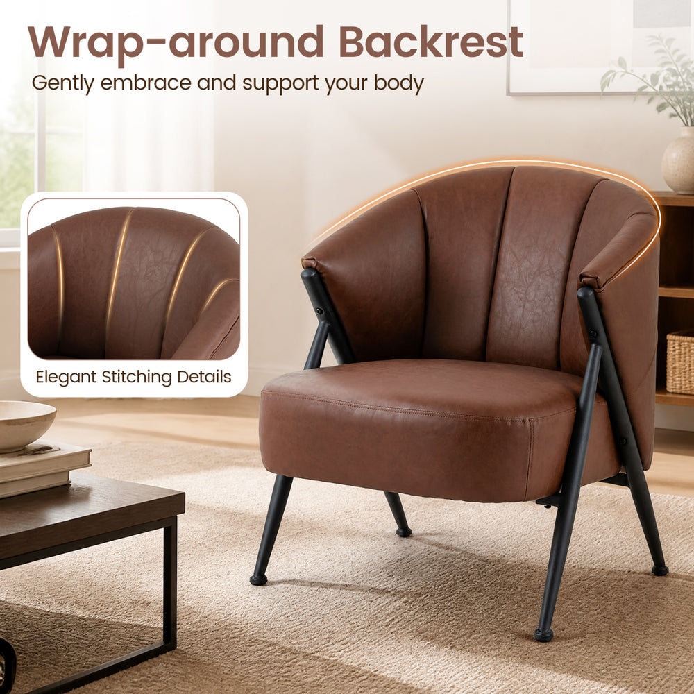 Mid Century Modern accent chair in brown features a curved backrest, wide seat, and elegant stitching for stylish comfort.