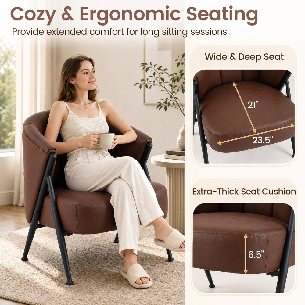 Mid Century Modern accent chair in brown features a wide seat, curved backrest, and thick cushion for ultimate comfort.