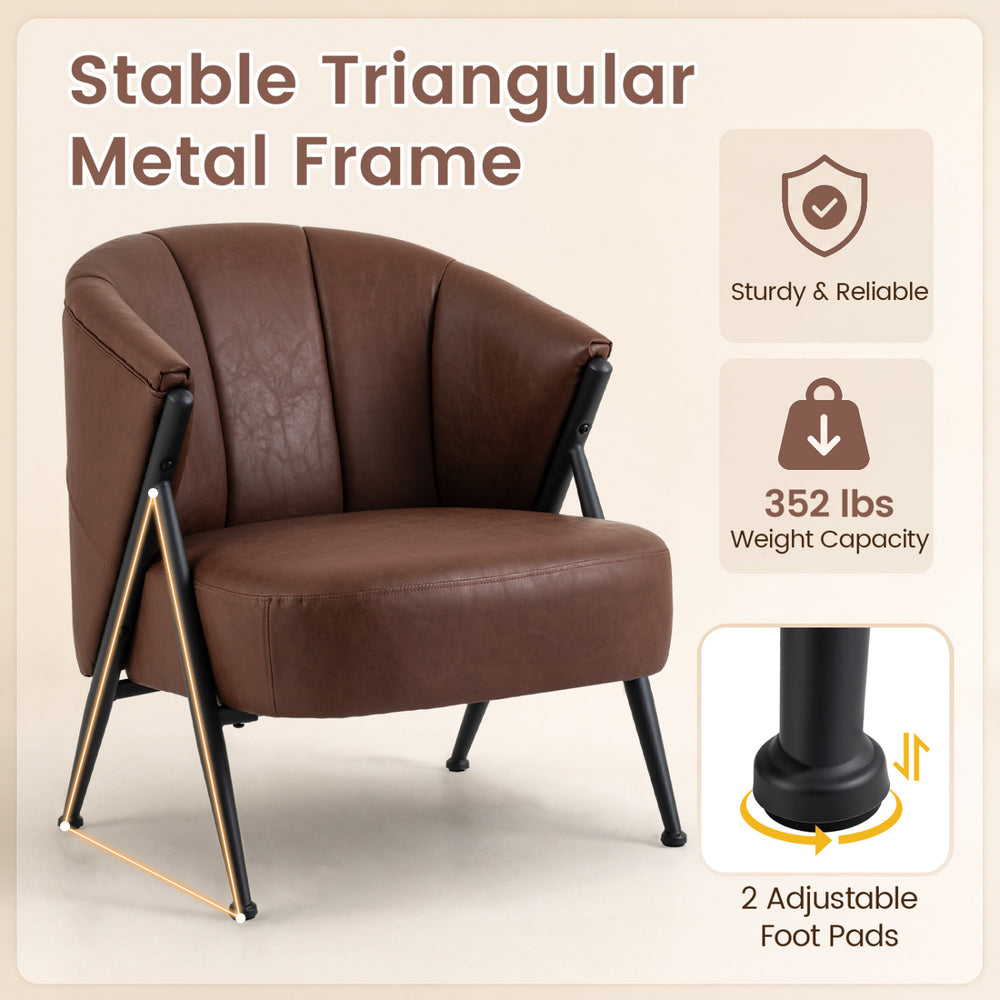 Mid Century Modern accent chair in brown with a curved backrest, wide seat, and stable triangular metal frame for comfort.
