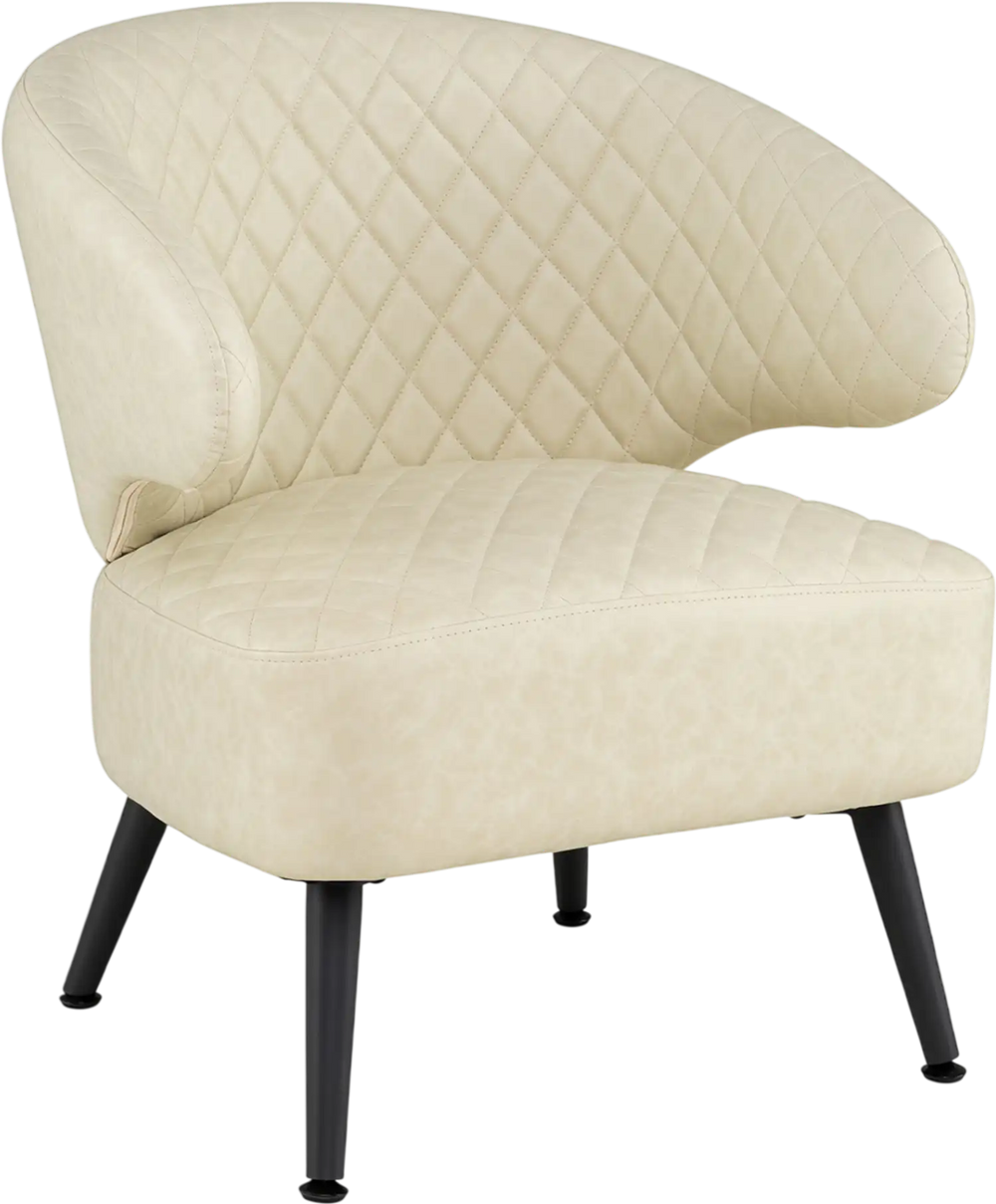 Curved Mid Century Modern accent chair in beige PU leather features diamond stitching and metal legs for stability.