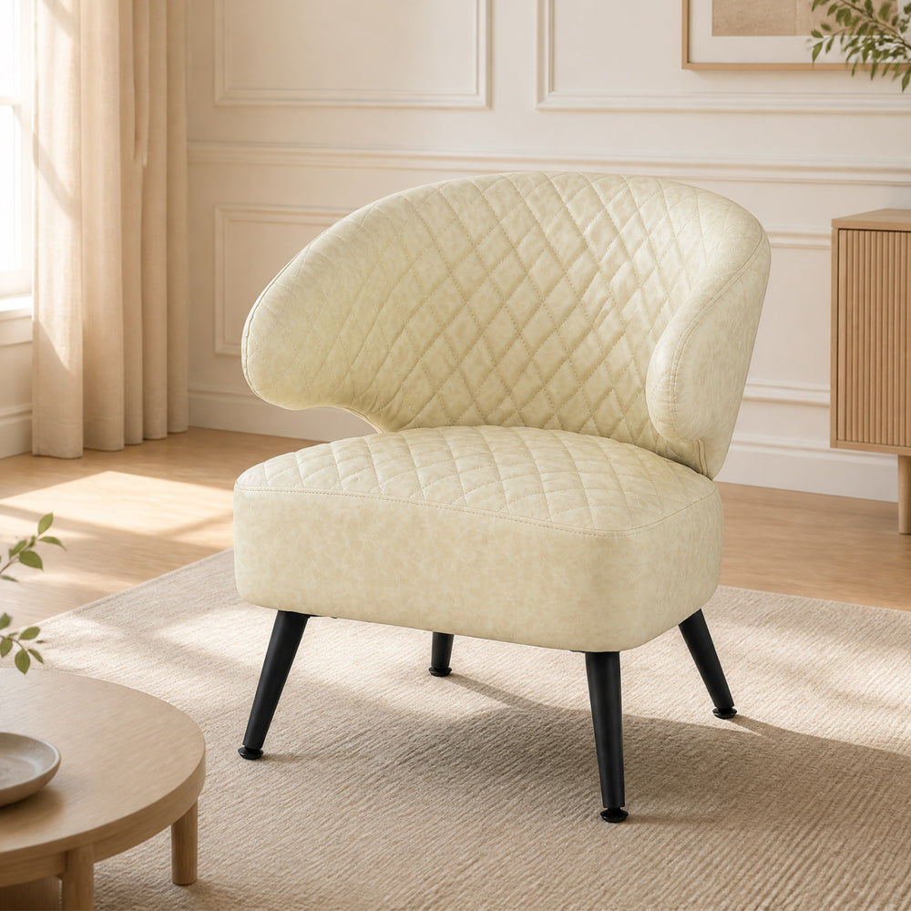 Curved Mid Century Modern accent chair in white PU leather with diamond stitching, designed for comfort and stability.