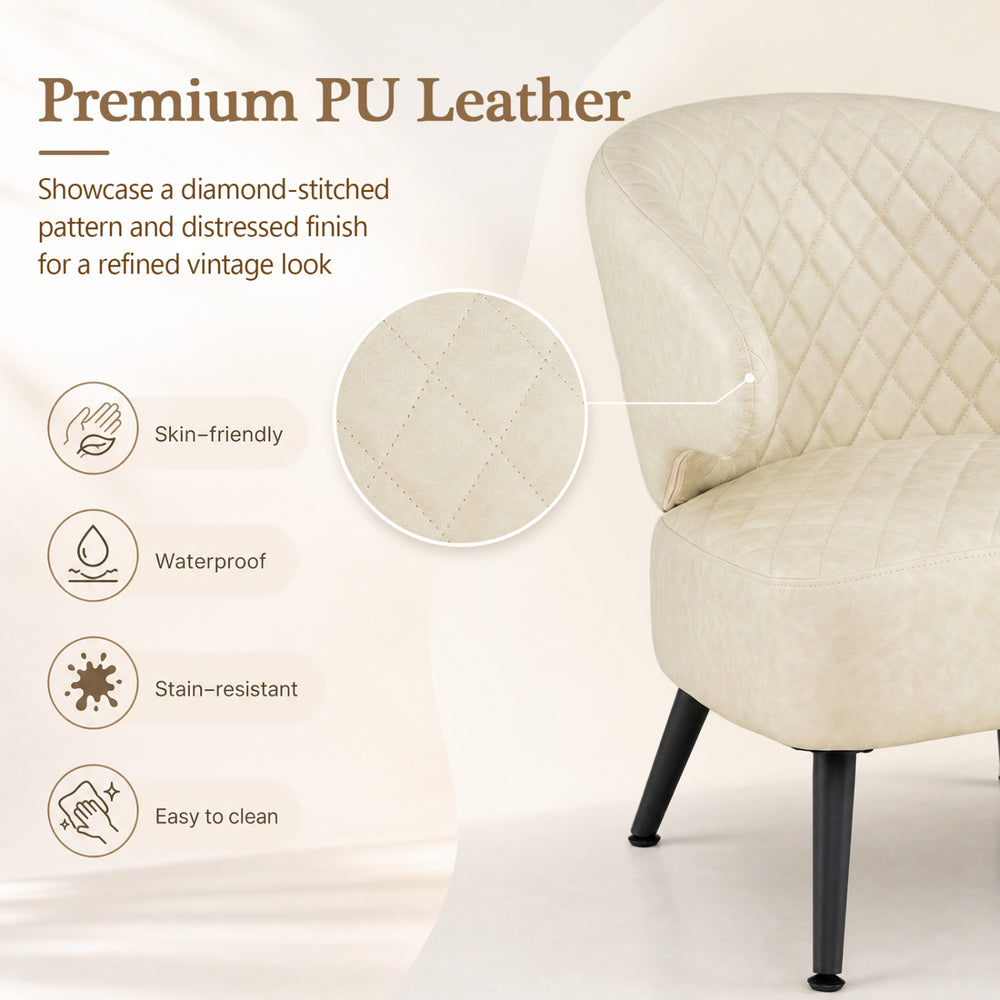 Mid Century Modern accent chair in white PU leather features diamond stitching, thick cushioning, and metal legs for stability.