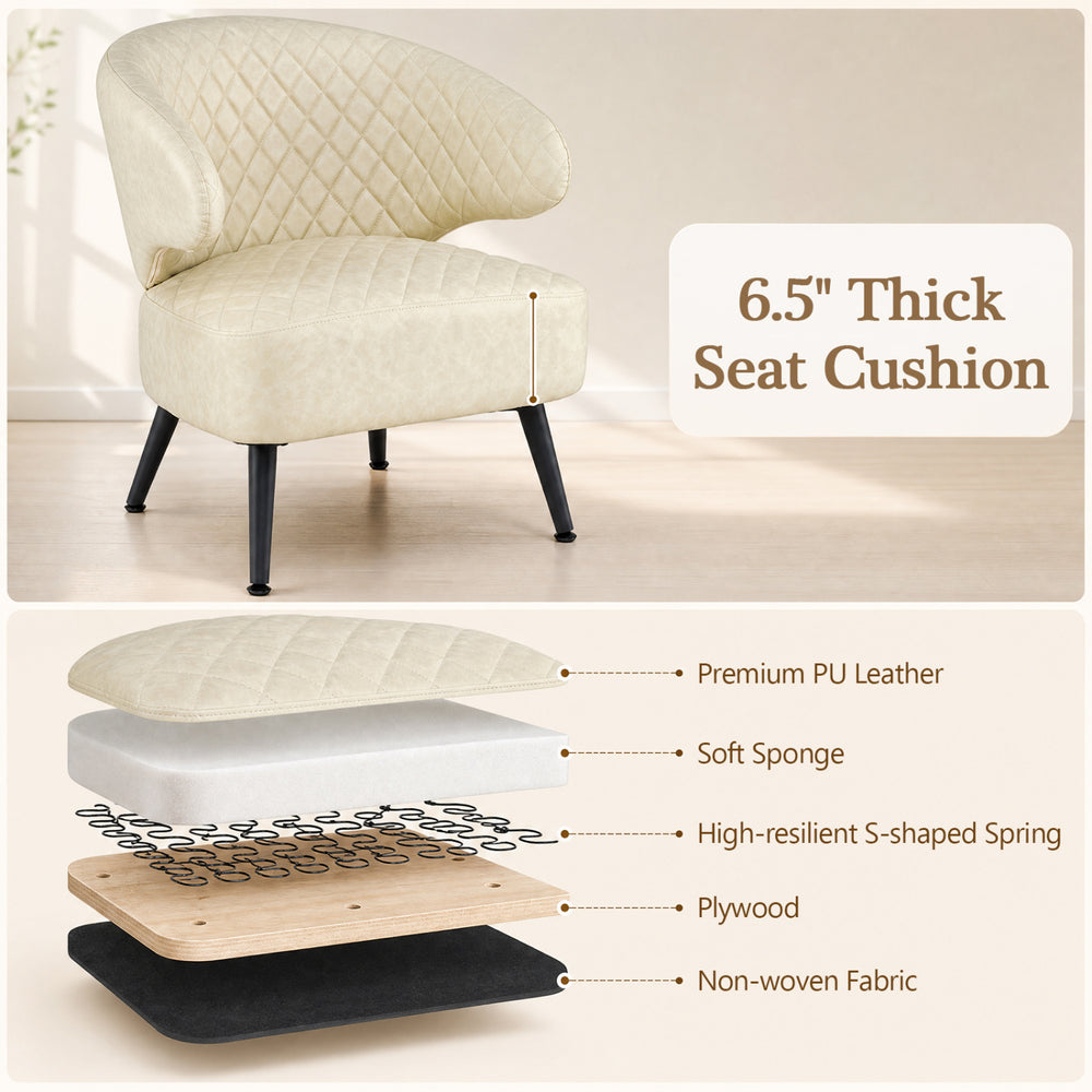 Curved Mid Century Modern accent chair in white PU leather with thick cushioning and metal legs for stable seating.