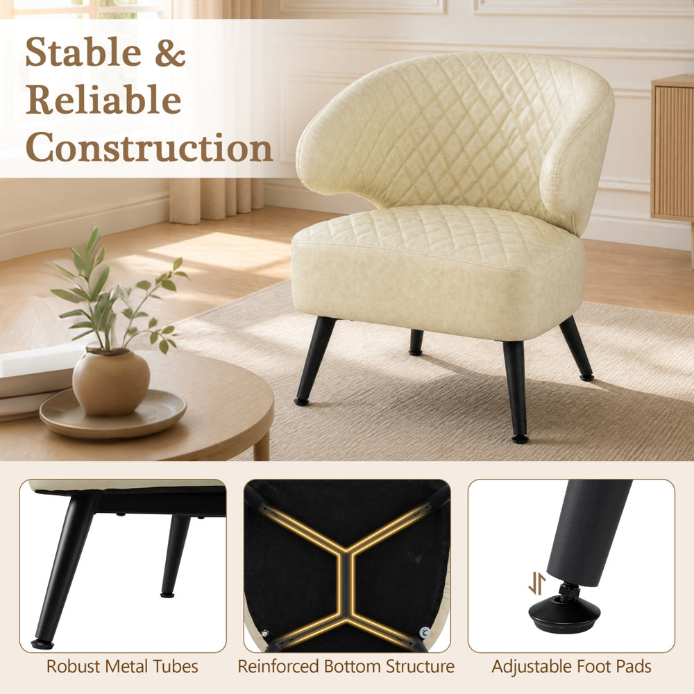 Mid Century Modern accent chair in white PU leather features a diamond-stitched pattern and robust metal legs for stability.