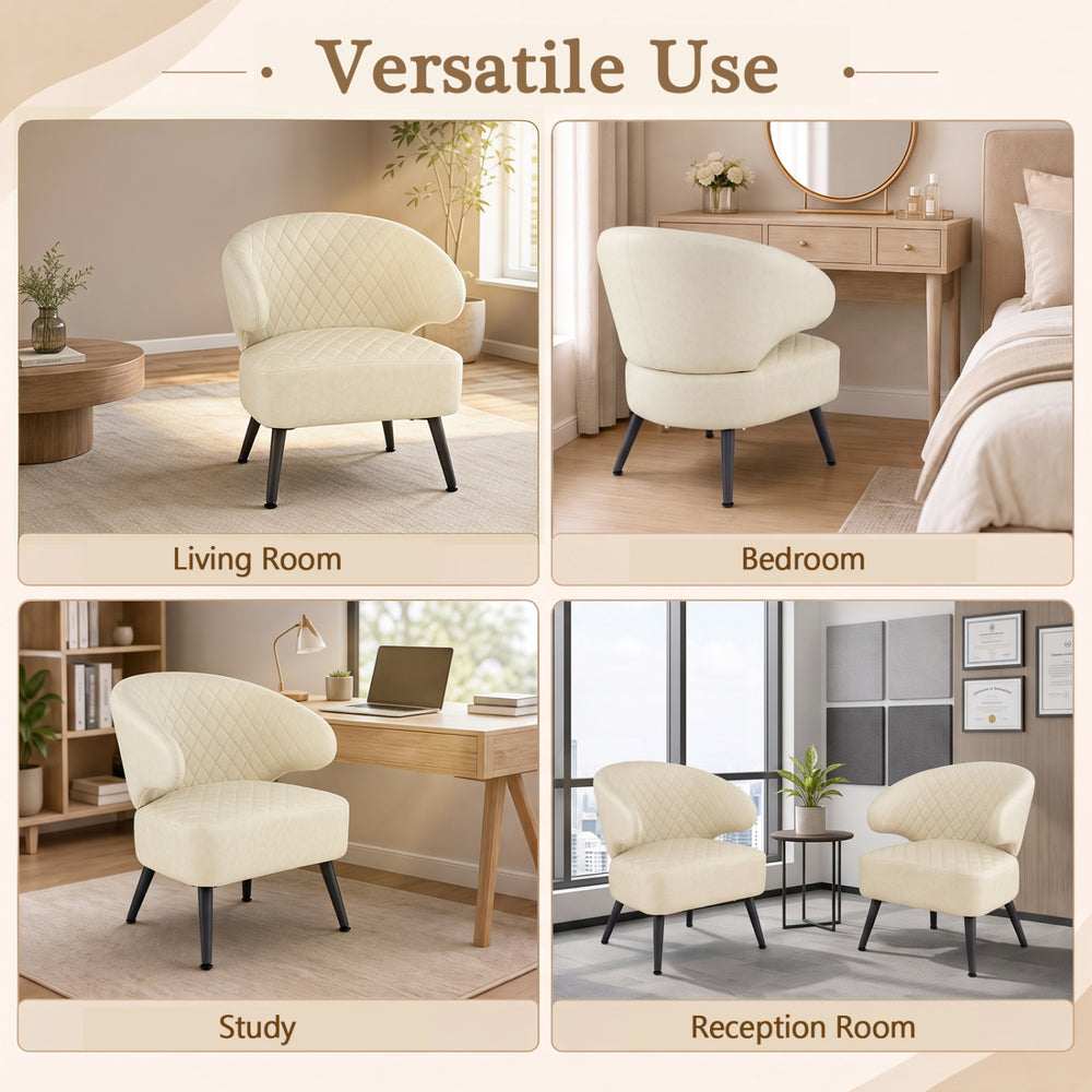 Curved Mid Century Modern accent chair in white PU leather with diamond stitching, perfect for versatile room use.