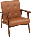 Mid Century Modern accent chair with brown leather cover and solid rubber wood frame, perfect for living room.