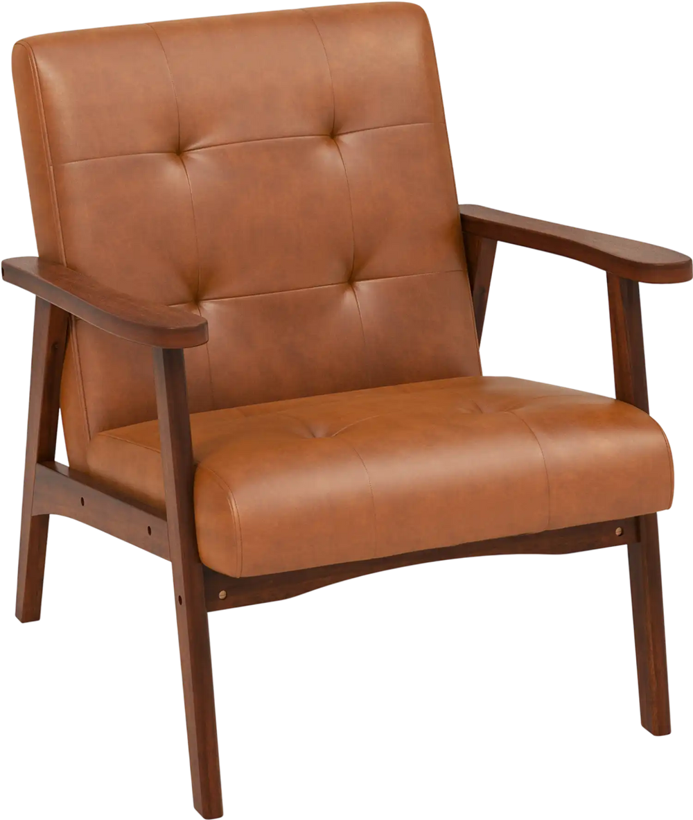 Mid Century Modern accent chair with brown leather cover and solid rubber wood frame, perfect for living room.