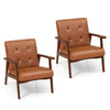 Mid Century Modern accent chairs in brown leather with solid rubber wood frame, ideal for living room relaxation.