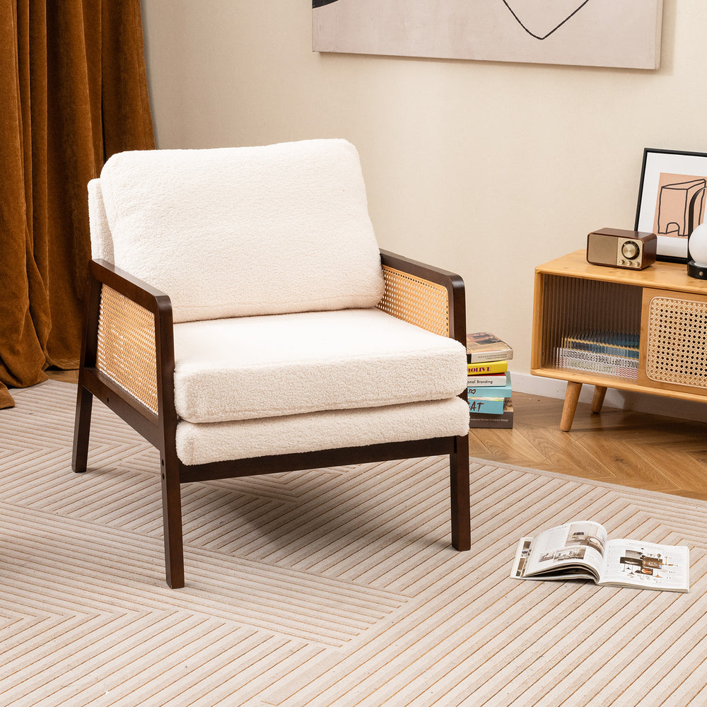 Mid Century Modern Accent Chair with Rattan Arms and Cushion-Brown - Gallery View 1 of 8