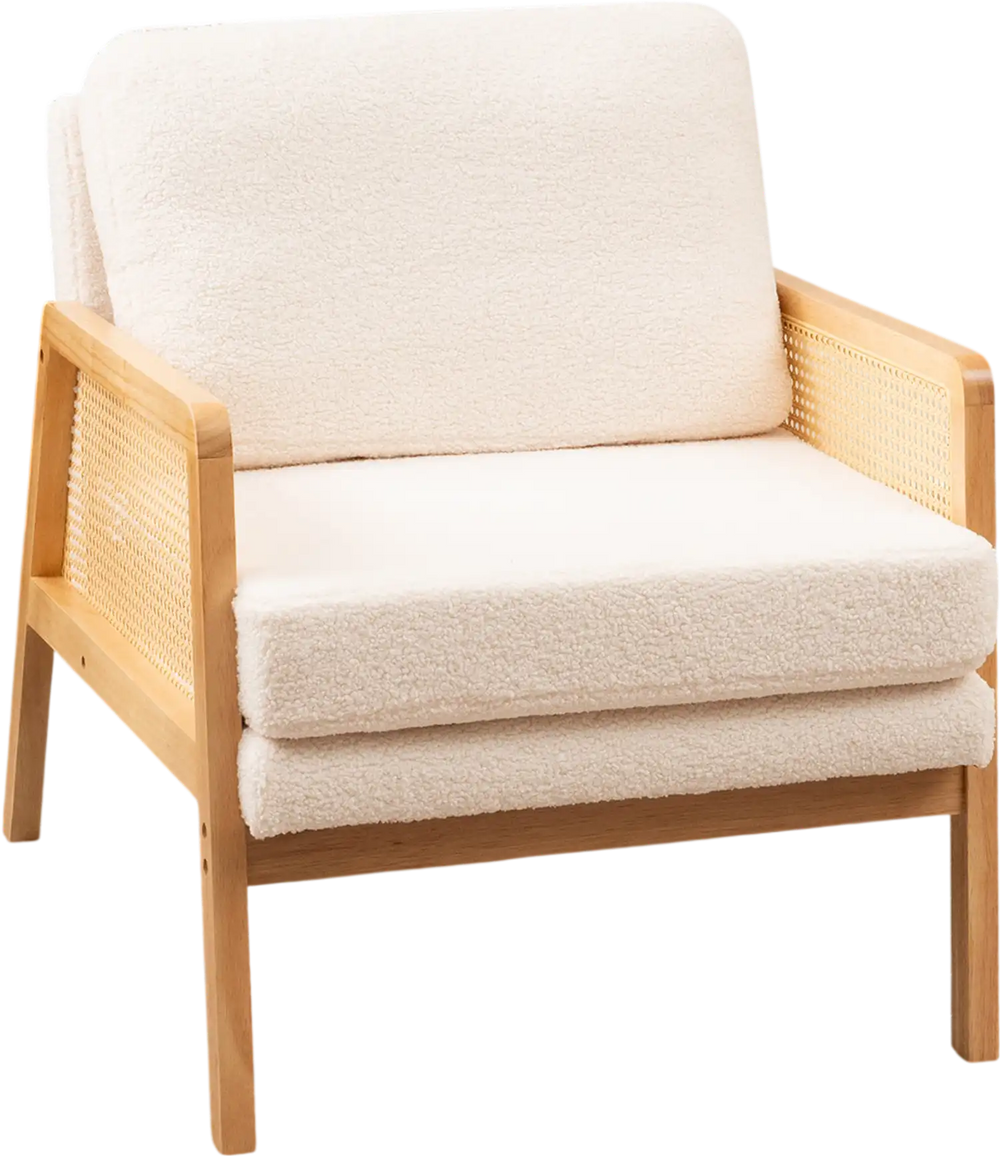 Mid century modern accent chair with rattan arms, soft sherpa cushion, and sturdy rubber wood legs for cozy living.