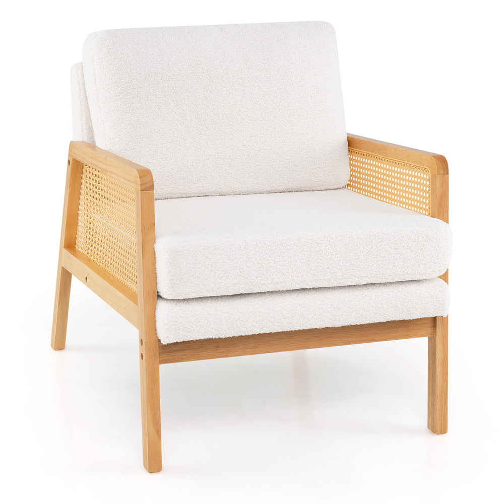 Mid century modern accent chair featuring a plush sherpa seat and elegant rattan armrests, perfect for stylish home.