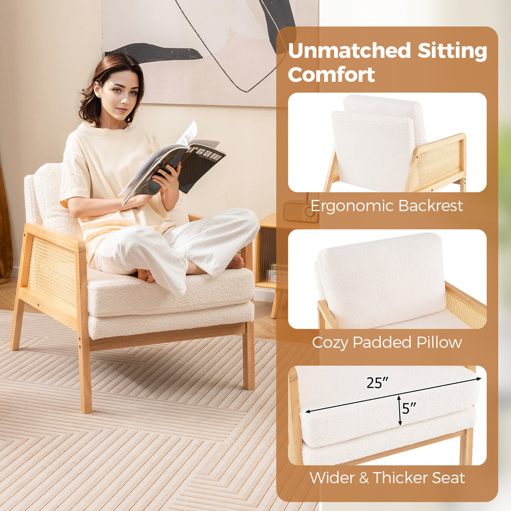 Mid century modern accent chair with rattan arms, cozy sherpa cushion, and ergonomic backrest for comfortable seating.