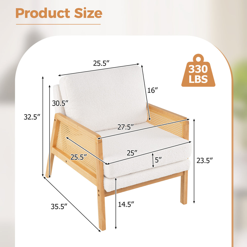 Mid Century Modern accent chair with rattan arms, soft sherpa cushion, and ergonomic backrest for cozy living spaces.
