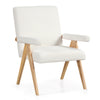 Mid Century Modern accent chair with rubber wood frame and white Sherpa fabric, ideal for living rooms and bedrooms.