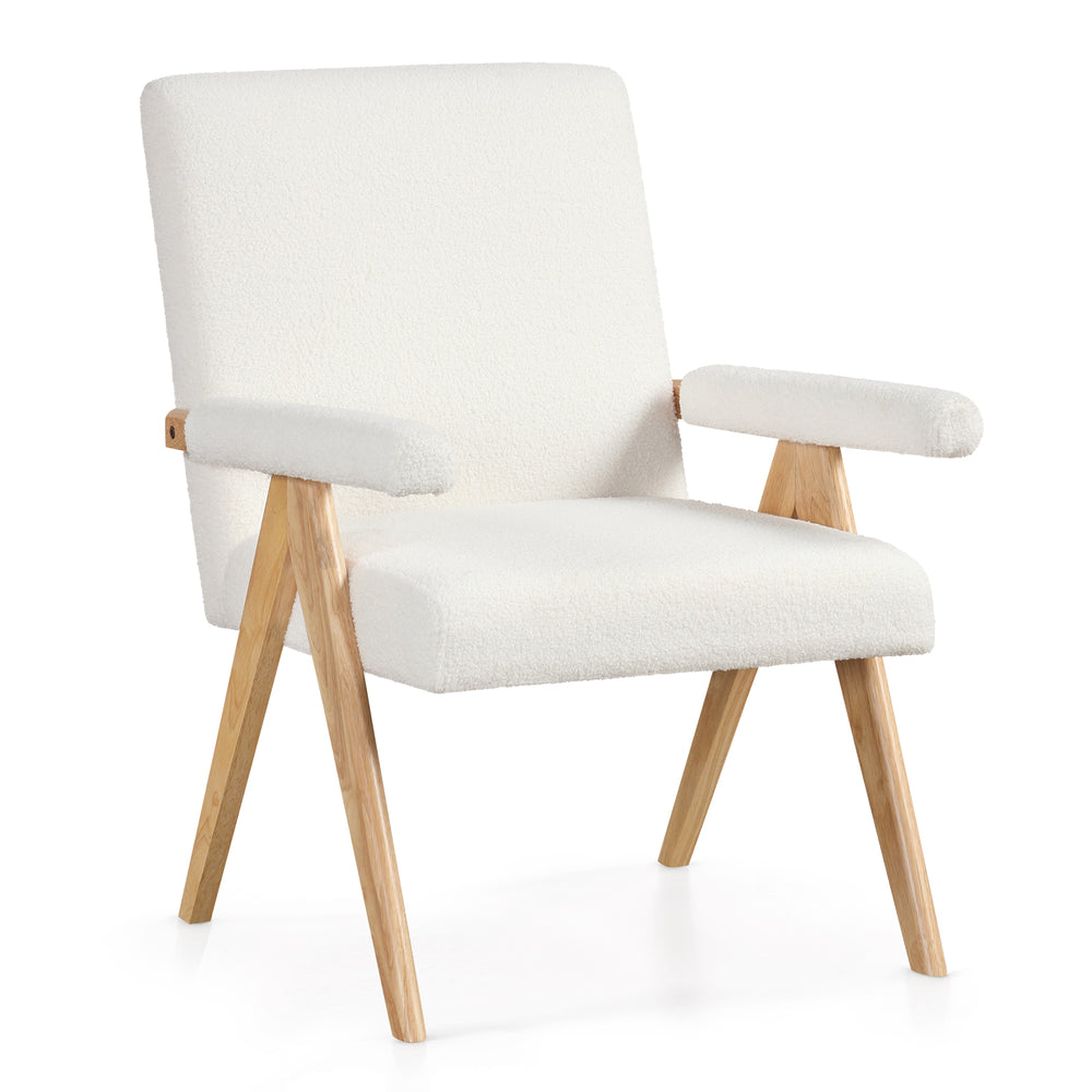 Mid Century Modern accent chair with rubber wood frame and white Sherpa fabric, ideal for living rooms and bedrooms.