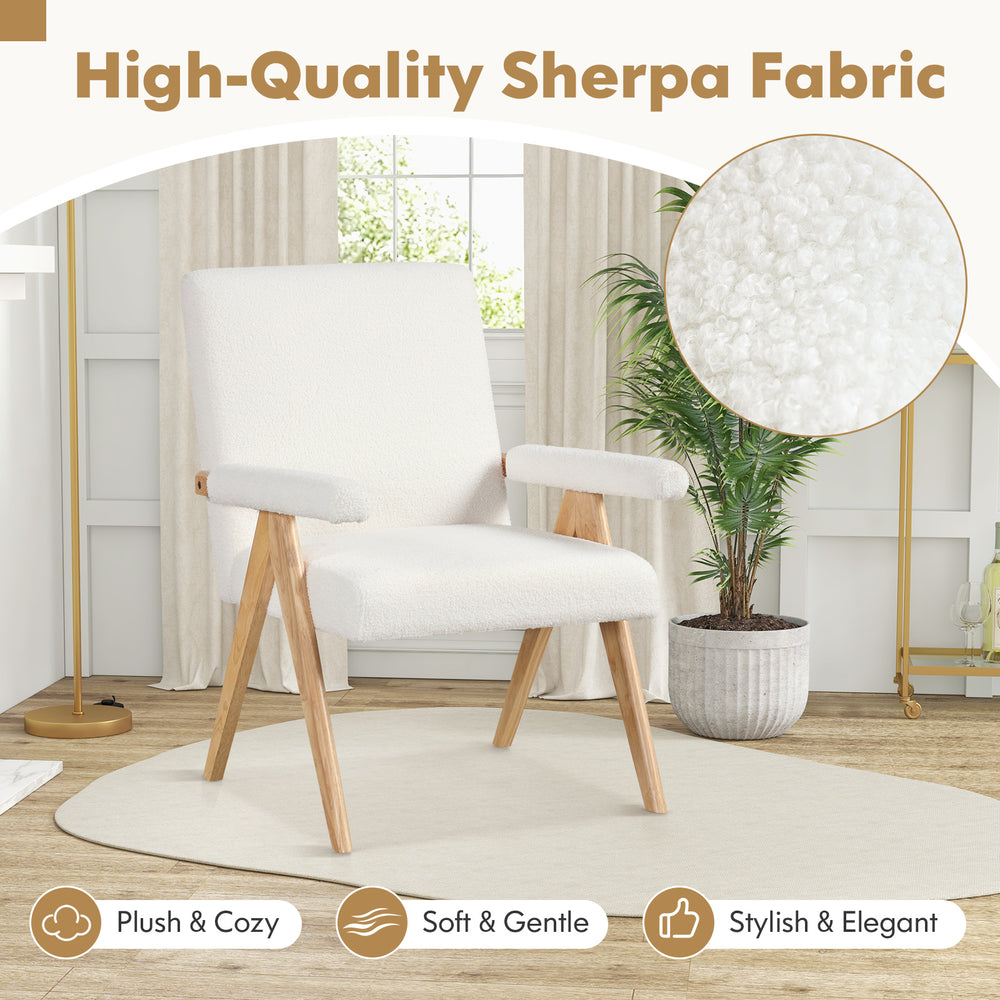 Mid Century Modern accent chair in white Sherpa fabric with rubber wood frame and padded armrests, perfect for cozy.
