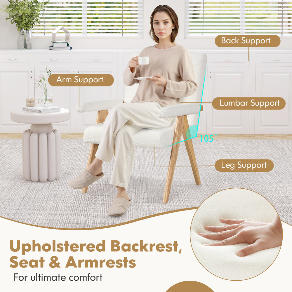 Mid Century Modern accent chair with rubber wood frame, padded armrests, and ergonomic backrest for ultimate comfort.